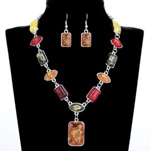 Sterling Silver Square Amber Necklace ,Earrings